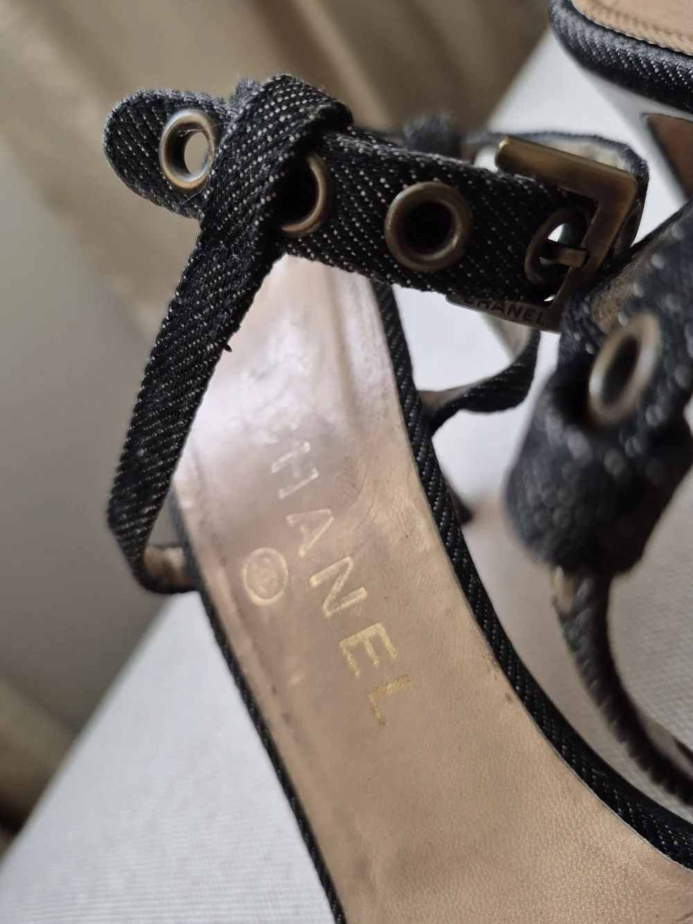 CHANEL Black Denim Studded Open-Toe Heels